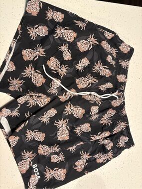 Boss Black Swim Trunks with Pink Pineapple Print